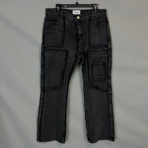 Promaster Womens Black Washed Patchwork Cargo Denim Jeans XL Frayed Streetwear